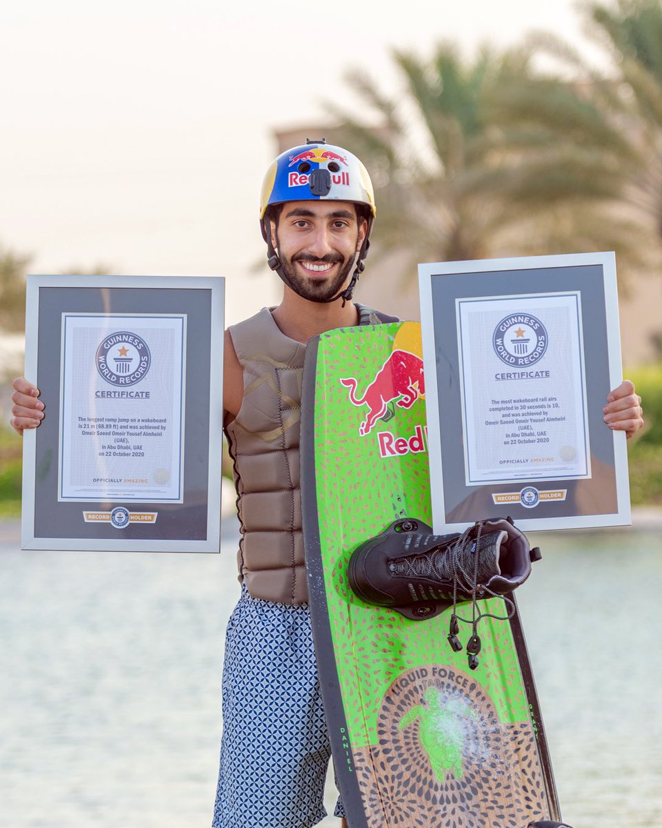 omeir_saeed's tweet photo. Breaking a Guinness World Records title has always been a dream of mine and to be able to break not one but two records is a great honor. 

I am happy to break the world records of the farthest wakeboard ramp jump (male) &amp; most wakeboard rail airs (supermans) in 30 seconds @GWR https://t.co/nDfWvDOmcU