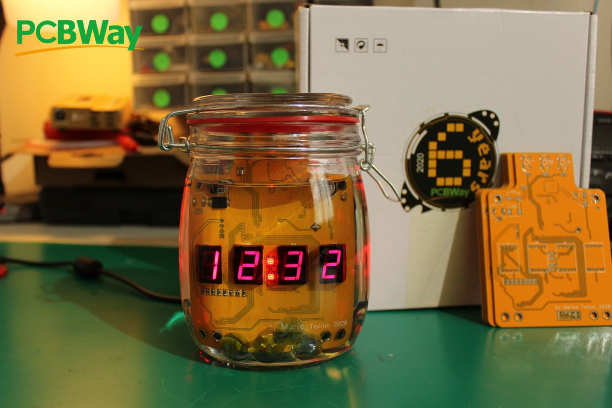PCBWayOfficial's tweet image. #SharedProject
Cookie JAR clock of passion: A clock built inside of a synthetic oil filled jar.
This clock will scroll through a series of romantic messages and will display one message every hour. 
✅Learn more: bit.ly/2IPluQH
.
.
#LED #LEDclock #jarclock #Maker #PCBWay