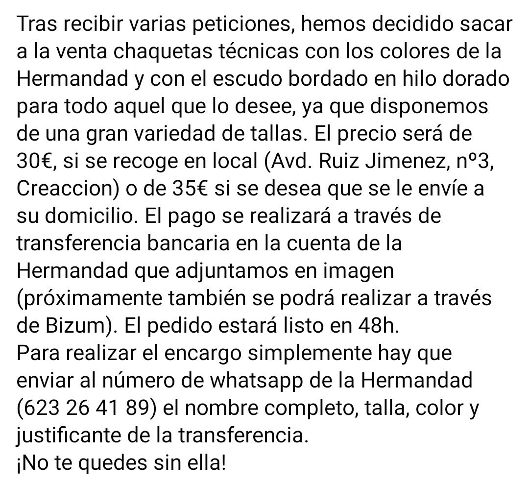 HdadPerdonJn's tweet photo. VENTA DE CHAQUETAS DE LA HERMANDAD https://t.co/nuTQdFyOIy