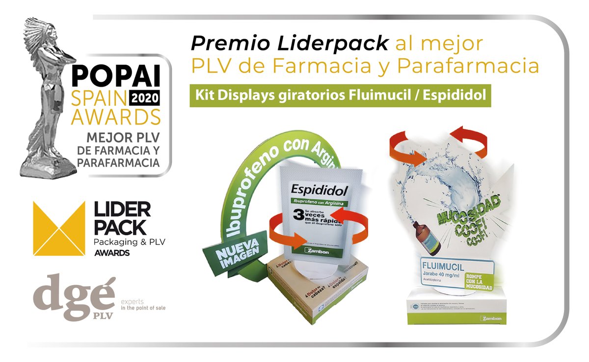 Este año hemos vuelto a ser premiados en los prestigioso premios Liderpack Popai Spain Awards 2020. Uno de los premios ha sido al Mejor #PLV de #Farmacia con un #display sencillo y destacando por el movimiento giratorio de la cartela. 
#Zambon #Espididol #Fluimucil