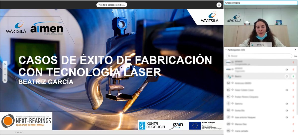 aimenct's tweet photo. Finalizamos el evento con Beatriz García, Ingeniera de Proceso en @wartsilacorp Ibérica, mostrándonos casos de éxito de #fabricación con tecnología #láser.
#UMI #NextBearings #FEDER @axenciaGAIN #lasermanufacturing https://t.co/wOQ3T3fMIJ