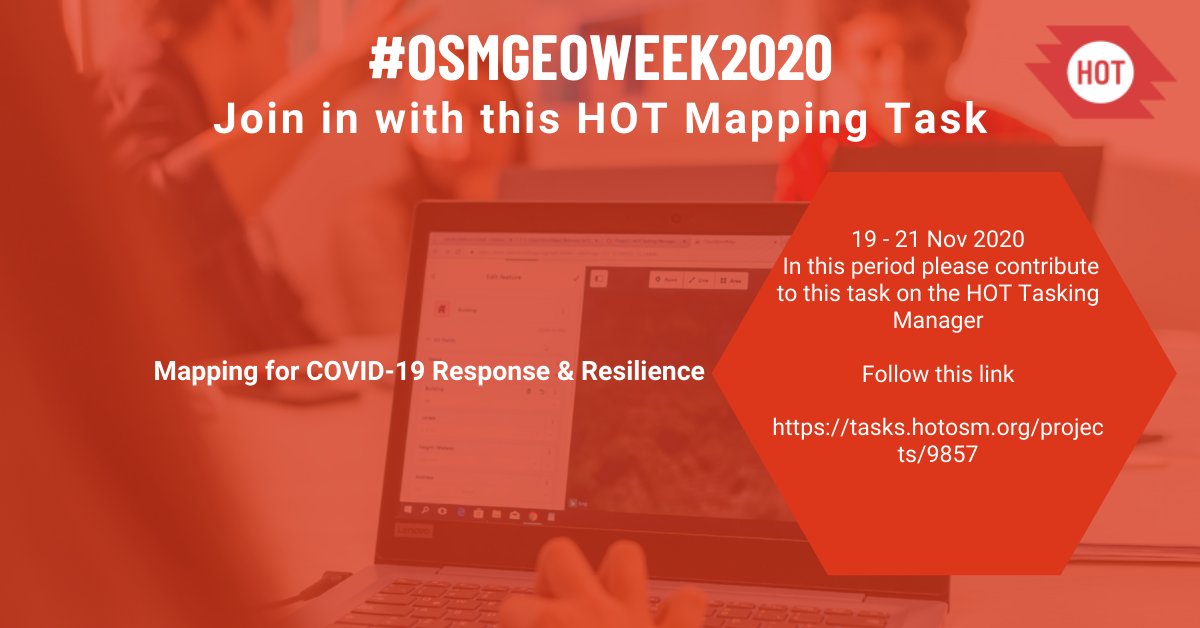 Join us for "Mapping for Covid-19 Response and Resilience" at any time of your convenience from Thursday the 19th until Saturday 21st 2020. 

Contribute to the task manager for this assignment:- 
buff.ly/3kGuFQj
#osmgeoweek2020