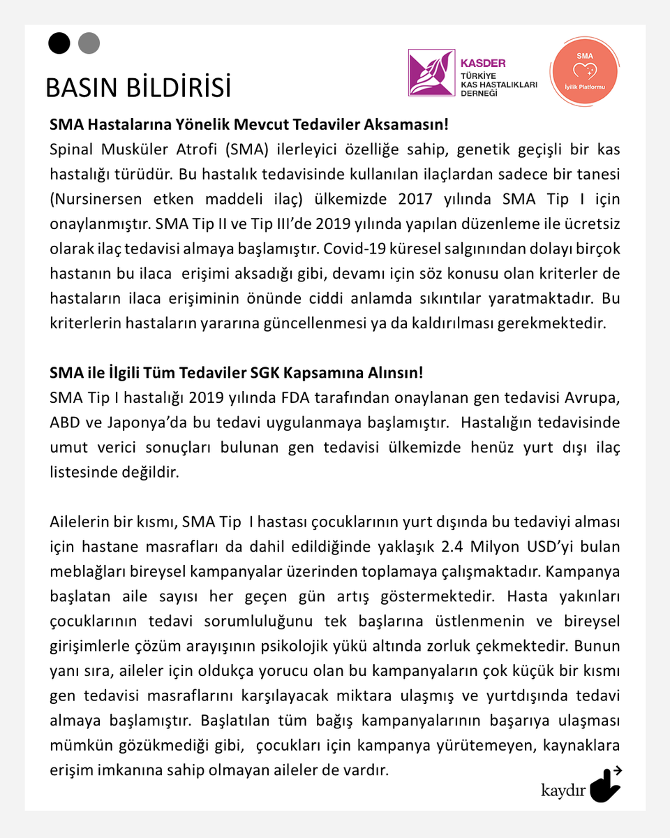 sma_iyilik's tweet photo. #SMA HASTASI ÇOCUKLARIMIZ İÇİN DESTEK ÇAĞRIMIZDIR! 

Çocuklarımızın sağlığa erişim hakkına yönelik talepleri içeren bildiride imzacı olarak destek vermek isteyen tüm STK ve meslek örgütleri, sizler de SMA hastalığı ile mücadele edenler için bu çağrıya ortak olabilirsiniz. https://t.co/fVTMqJVlwJ