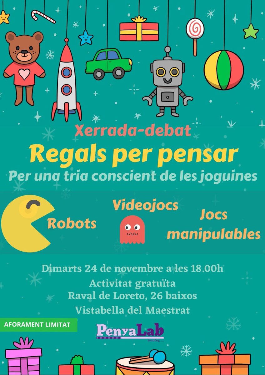 PenyaLab's tweet photo. Xerrada-debat REGALS PER PENSAR. Jocs per aprendre. Si has de fer regals als més menuts i vols estar preparat abans del black friday i festes de nadal, t’esperem el 24 nov a 18h @penyagolosaplec @VistabellaAjunt #HoraSuporTIC #capacitaciodigitalciutadania https://t.co/Sl1x631Dxn