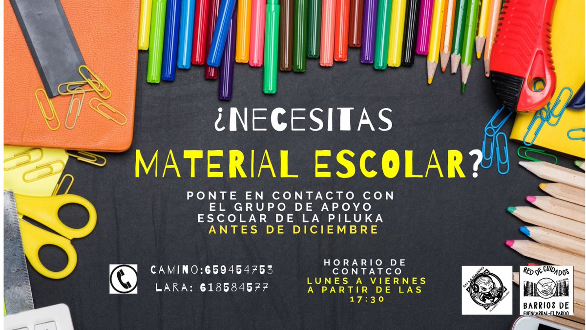 Si necesitas o conoces a alguien que pueda necesitar material escolar, no dudes en contactar con la Red de Cuidados ¡Seguimos construyendo barrio!