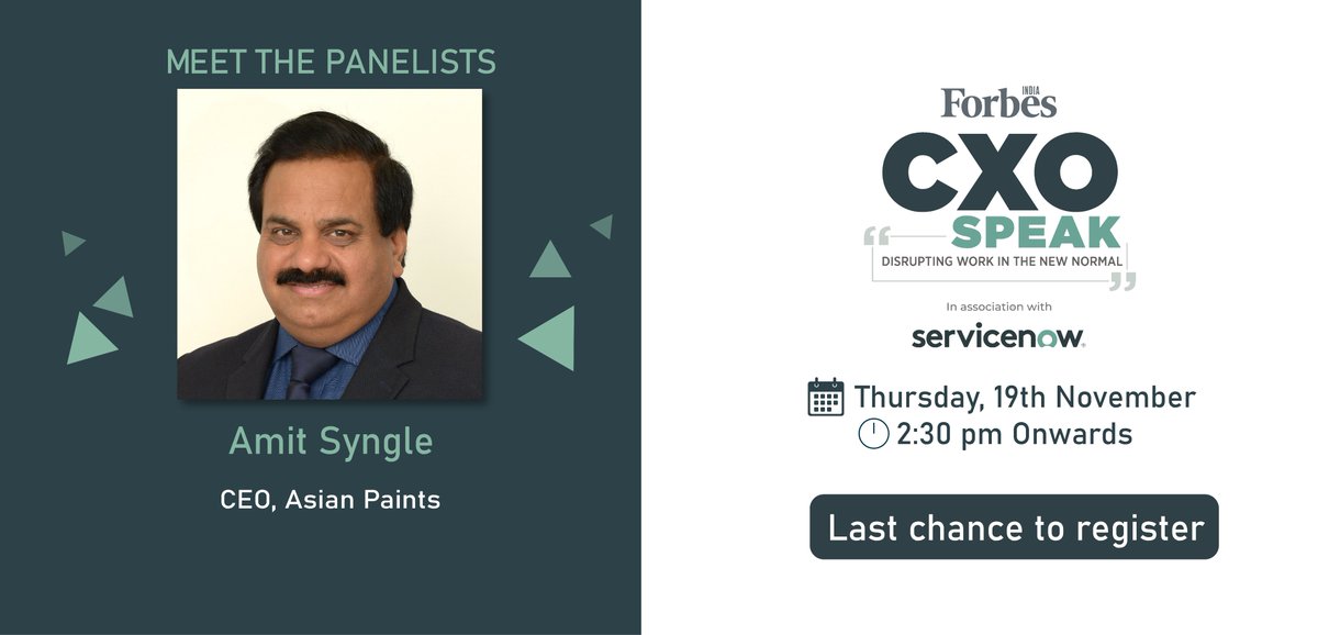 ForbesIndia's tweet photo. Watch Amit Syngle from Asian Paints discuss how organisations need to use the right technology to improve productivity during WFH, tomorrow from 2:30 pm onwards at our live webinar.
Last chance to register-https://t.co/qjZgu5QDL0
#ForbesIndiaCXOSpeak #WorkFlowFromHome @servicenow https://t.co/CK4TYQPDzZ