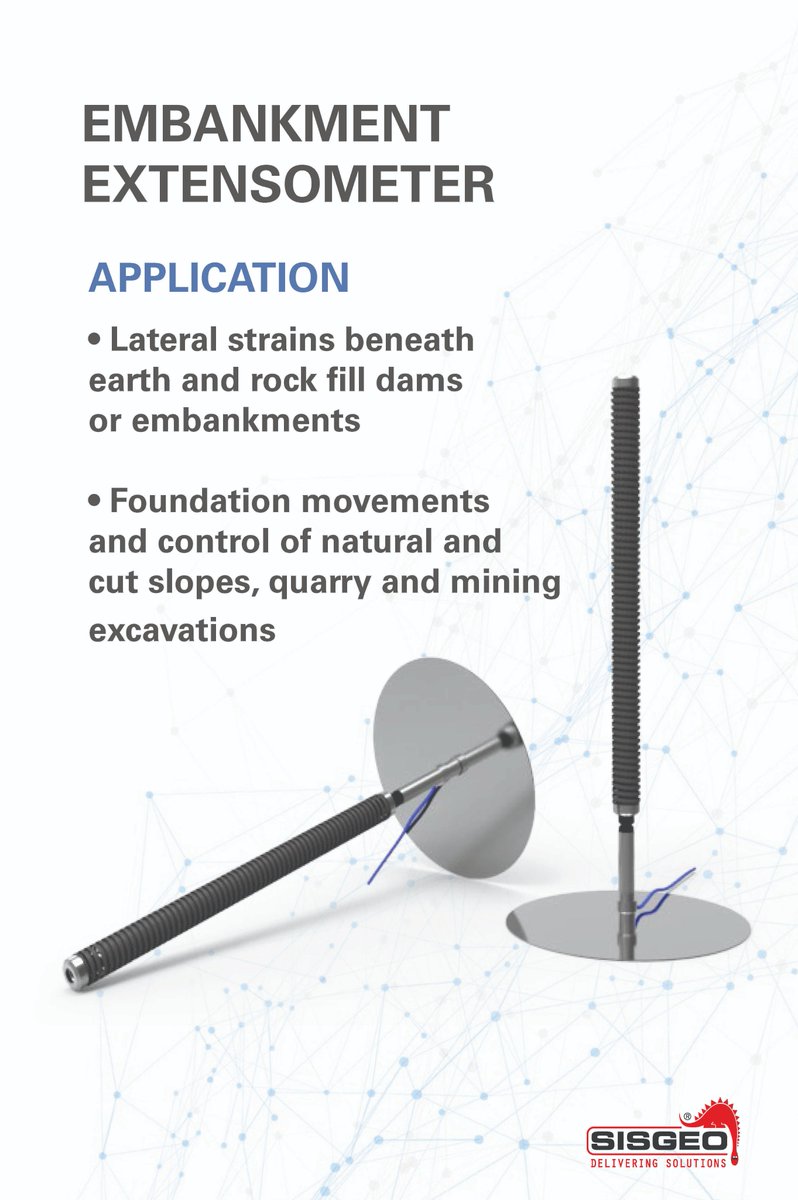 LSisgeo's tweet photo. Embankment #extensometers are used to #measure soil strains in large earth #structures.
Embankment extensometers are usually incorporated in filling materials, chained together by means of extension rods.
Request a quotation at: info@sisgeo.com
#sisgeo #damsmonitoring https://t.co/KTenv4jJ33