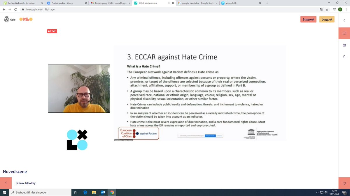 📢 Fighting racism and hate speech: How to build a non-racist society? - Today ECCAR VP Danijel Cubelic  shared his perspective on hate crime in Europe at the OXLO Conference 2020 <a href="/mangfold/">EMI - Oslo kommune</a>  "Prevention of hate speech &amp; attitudes". @Oslokommune 
#citiesagainstracism