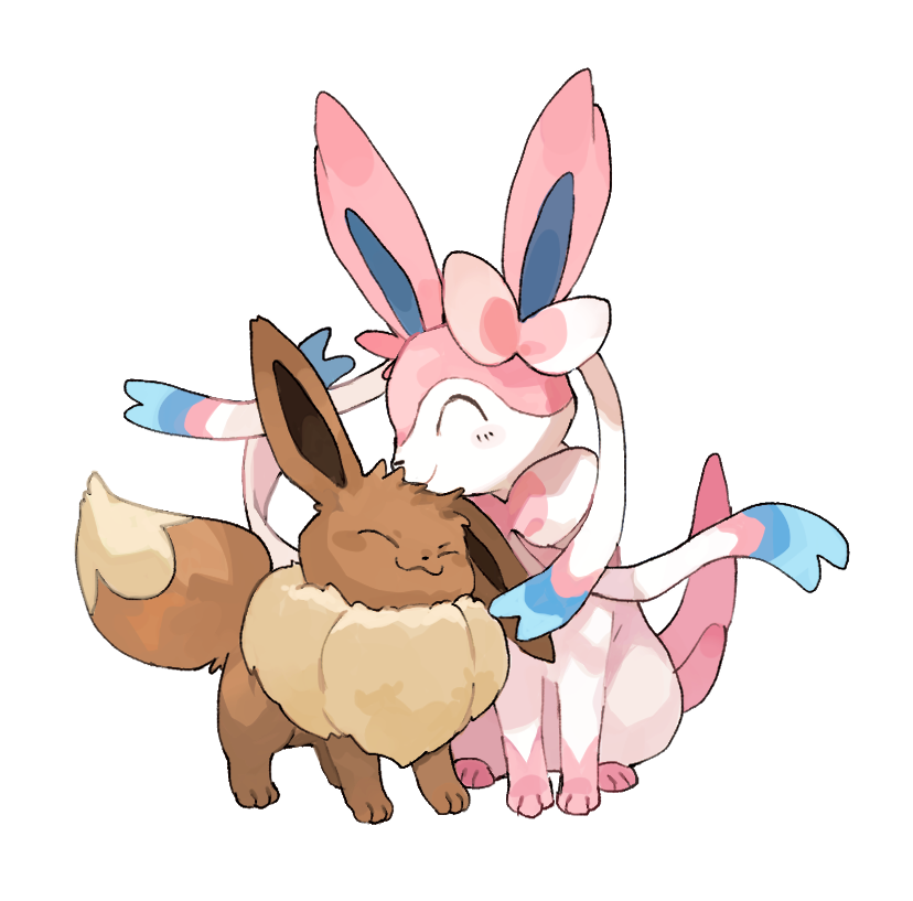 eevee ,sylveon pokemon (creature) closed eyes no humans closed mouth white background smile sitting  illustration images