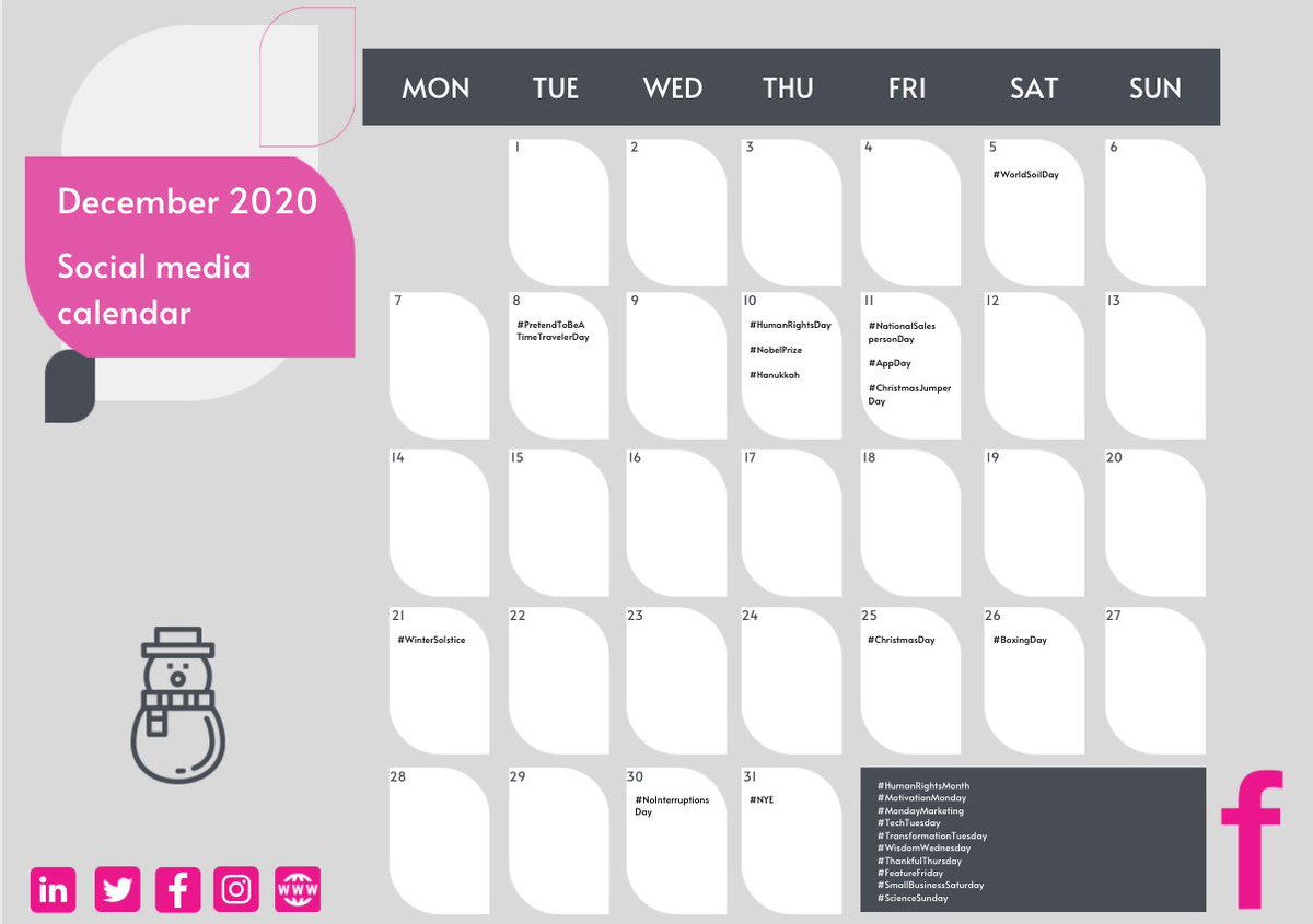 To help you plan your #socialmedia for December, we've created a downloadable calendar with the hashtags, celebration and awareness days to help you engage, promote relevant content &amp; leverage brand awareness. Get it here for free (no email required!)

bit.ly/32XhfcB