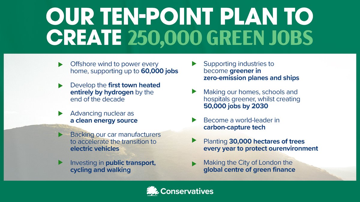 Conservatives's tweet photo. 💬 @BorisJohnson: "My 10 point plan will drive forward a Green Industrial Revolution, creating jobs across the country."

 🇬🇧🌳 Here's how we'll do it ⤵️ https://t.co/THvh5RCpij