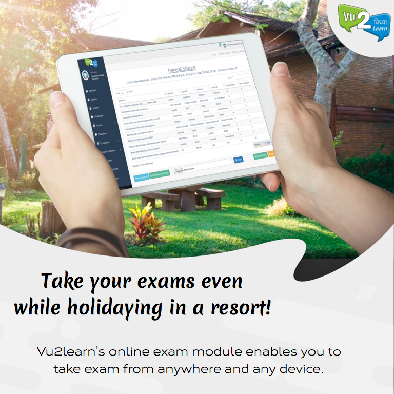 Vu2Learn's tweet photo. Out on holiday and yet have to take the exams. Are you worried about missing your exams? Vu2learn solves this problem with its online exam module. 
https://t.co/zSz0IvrRhm
#OnlineEducation | #OnlineClasses | #LearningManagementSystem | #Exams | #ExamsAnywhere | #Holiday | #Study https://t.co/V3Gm5mgxT8