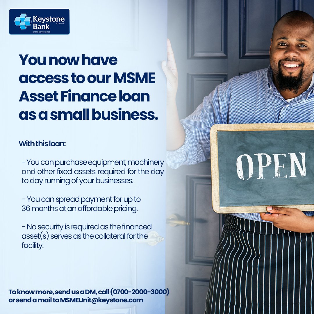 keystonebankng's tweet photo. This is for SMEs who need financing for their business. What's interesting about this loan is that you can spread payment for up to 36 months at an affordable pricing.
#KeystoneMobileBanking #WeGrowTogether #StaySafe #BankWithKeystone https://t.co/nDUDMM9GDE