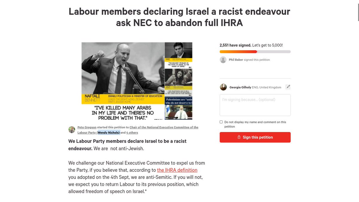 Wendy Nichols, a longtime Corbyn loyalist, 2 years ago began this  http://Change.org&nbsp; petition demanding the NEC not adopt the IHRA definition of antisemitism, and declaring Israel a "racist endeavour".