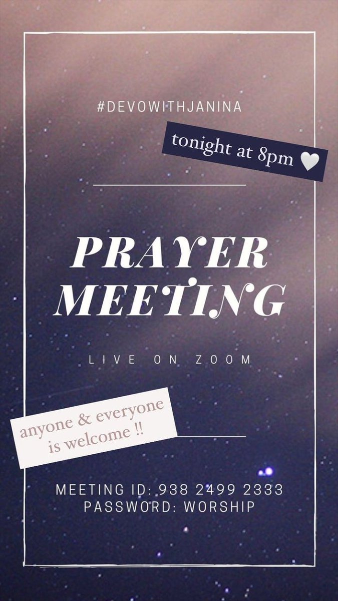 JVPUpdates's tweet photo. • IG STORY UPDATE •

#DevoWithJanina tonight at 8:00 PM ✨

Anyone and everyone is welcome! Details are on the pictures below, see you all later. 💗 https://t.co/V3hZKlicic