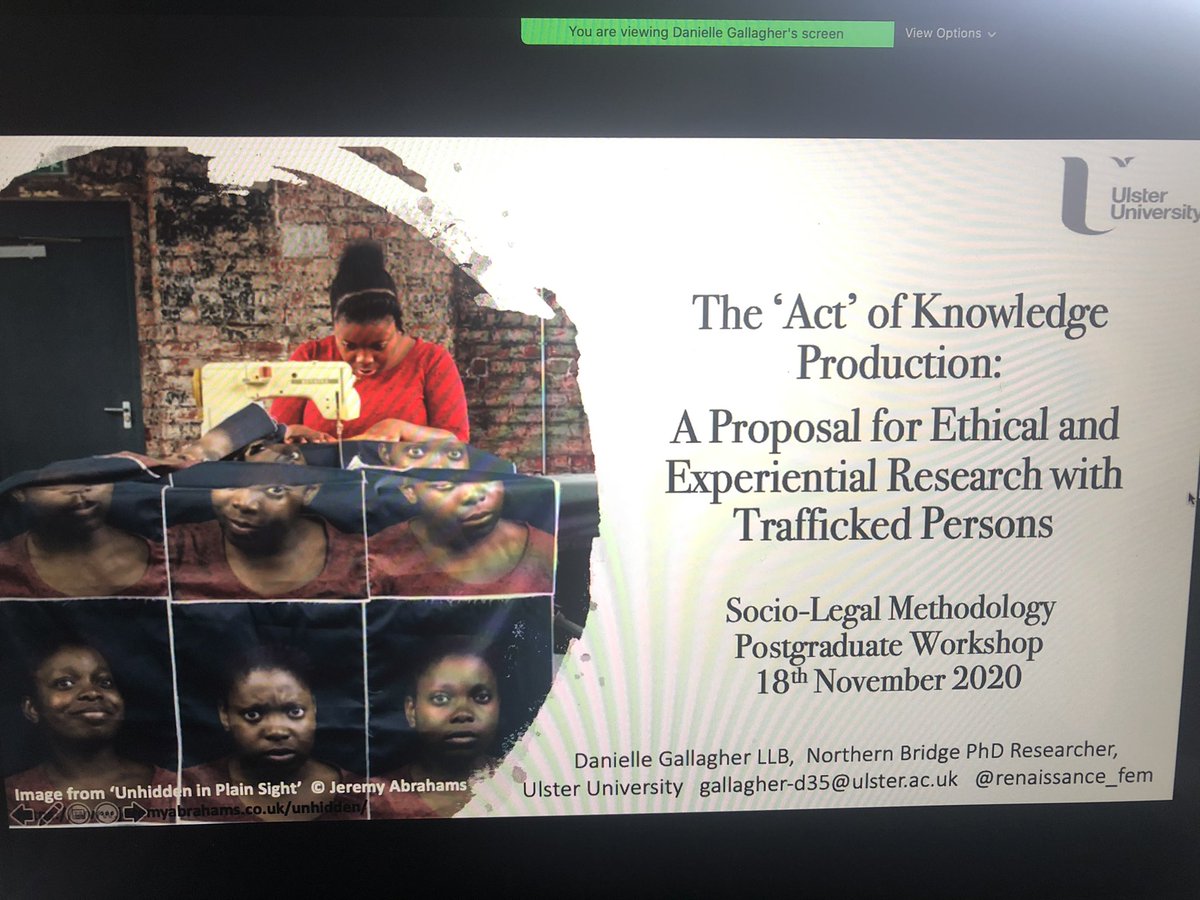 MagdaFurgalska's tweet photo. Danielle Gallagher, Ulster University presents about developing feminist participatory methodology for developing ethically informed criminal justice responses to trafficked persons through Applied Theatre Participatory Action Method. Fascinating and novel methodology! #SLM2020 https://t.co/WD8vlx8bwr