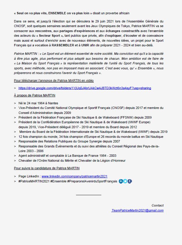 #PatriceMARTIN2021
Ma candidature pour la Présidence du #CNOSF est lancée
>>> Le communiqué complet : linkedin.com/feed/update/ur…
#Ensemble #PreparonslAvenirduSportFrancais