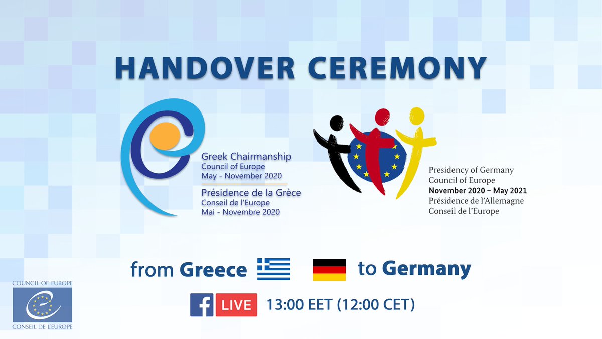 coe2020gr's tweet photo. Today marks the end of the Greek Chairmanship of the Committee of Ministers @coe2020gr. Join us online for the Handover Ceremony from 🇬🇷Greece to 🇩🇪Germany at 13:00 EET (12:00 CET). @GermanyCoE  @GreeceMFA @GermanyDiplo @MVarvitsiotis @HeikoMaas @coe
LIVE: https://t.co/wS5YywczY7 https://t.co/YzClKTBd4Y