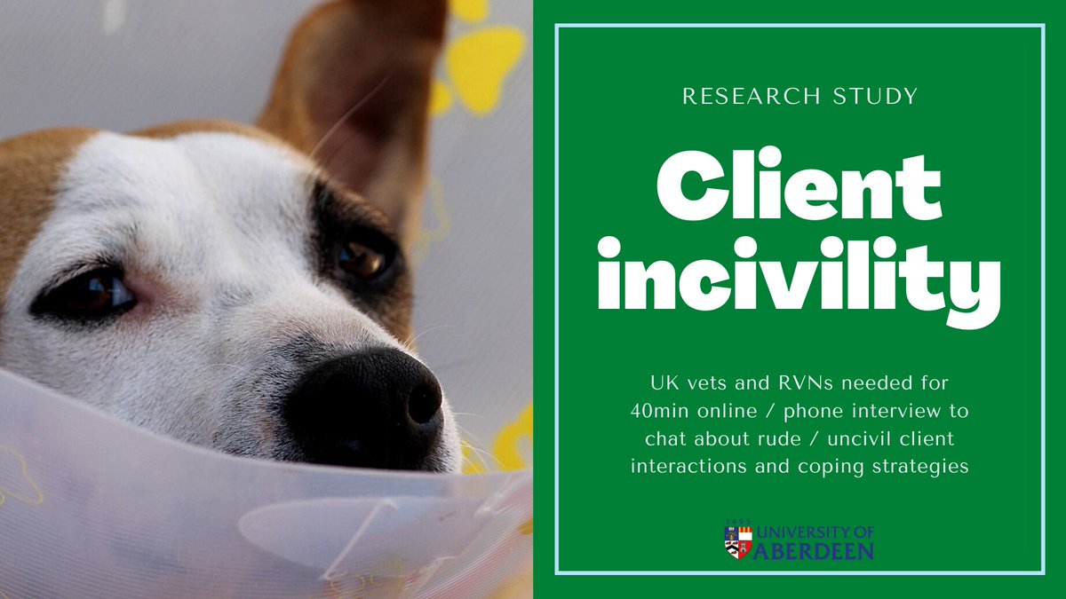 Dr_AIrwin's tweet image. We have now expanded the recruitment for our #vet study on #uncivil client interactions to include vet #nurses - if you are a vet or vet nurse in the UK and would be willing to chat to us about client incivility and how you handle it please email a.irwin@abdn.ac.uk or DM me :-)