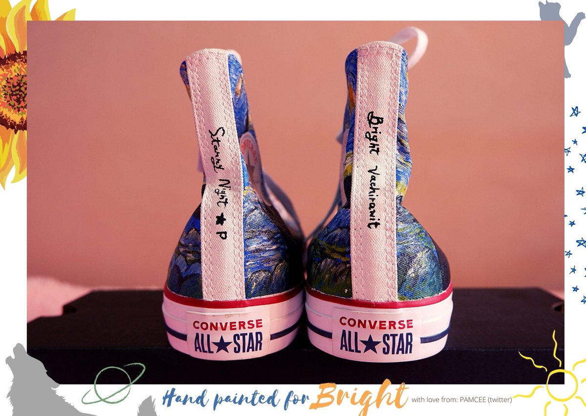 HAND PAINTED CONVERSE ALL STAR SHOES — Van Gogh’s Starry Night  Bright is a certified sneakerhead! So I decided to give him his two faves into one, converse high cut shoes with his name on it and ofcourse...starry night  I hope this shoes will take him to good places 