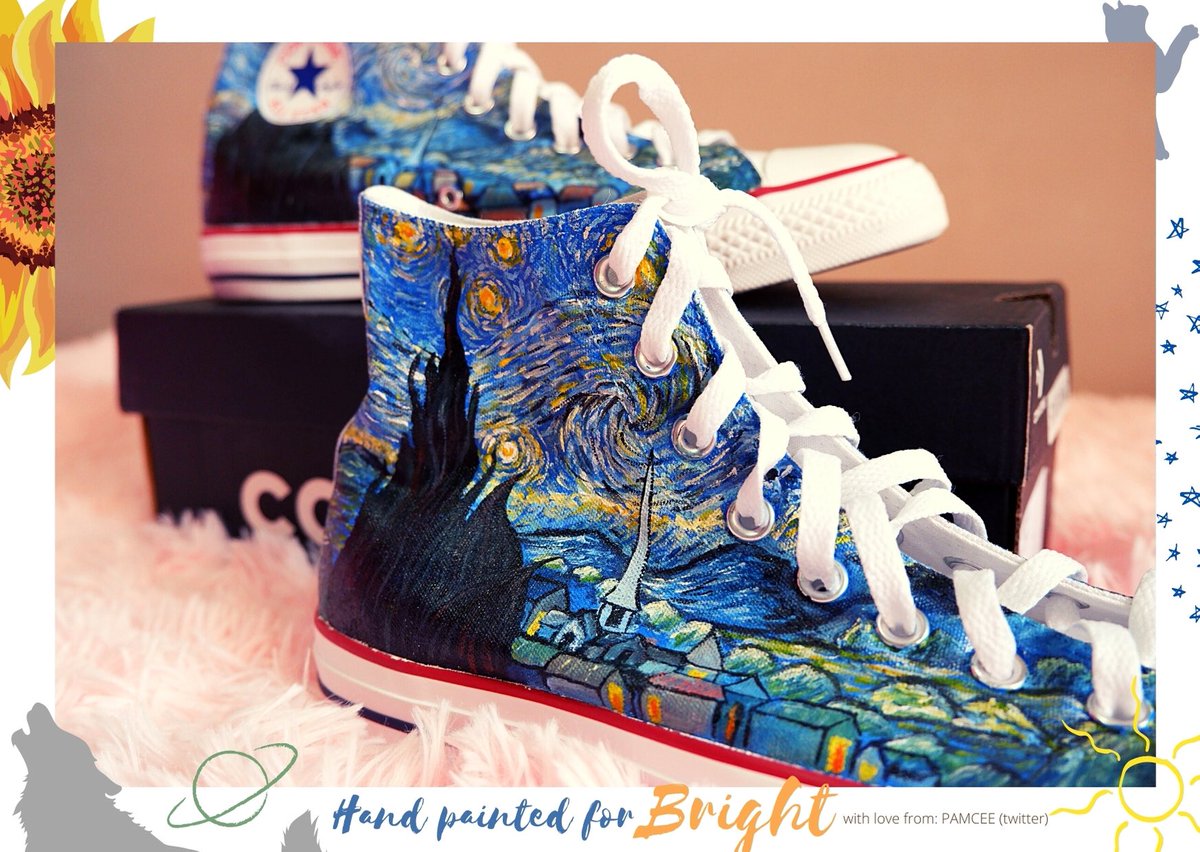 HAND PAINTED CONVERSE ALL STAR SHOES — Van Gogh’s Starry Night  Bright is a certified sneakerhead! So I decided to give him his two faves into one, converse high cut shoes with his name on it and ofcourse...starry night  I hope this shoes will take him to good places 