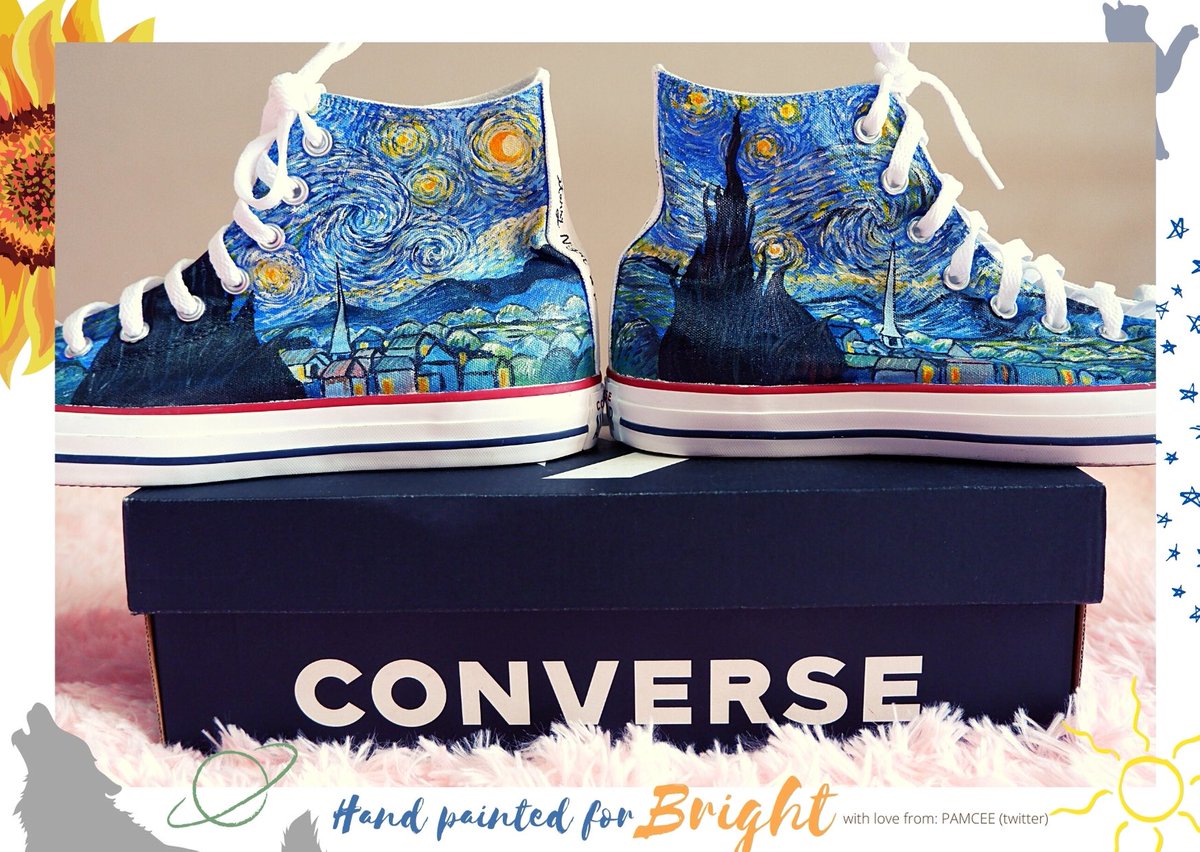 HAND PAINTED CONVERSE ALL STAR SHOES — Van Gogh’s Starry Night  Bright is a certified sneakerhead! So I decided to give him his two faves into one, converse high cut shoes with his name on it and ofcourse...starry night  I hope this shoes will take him to good places 