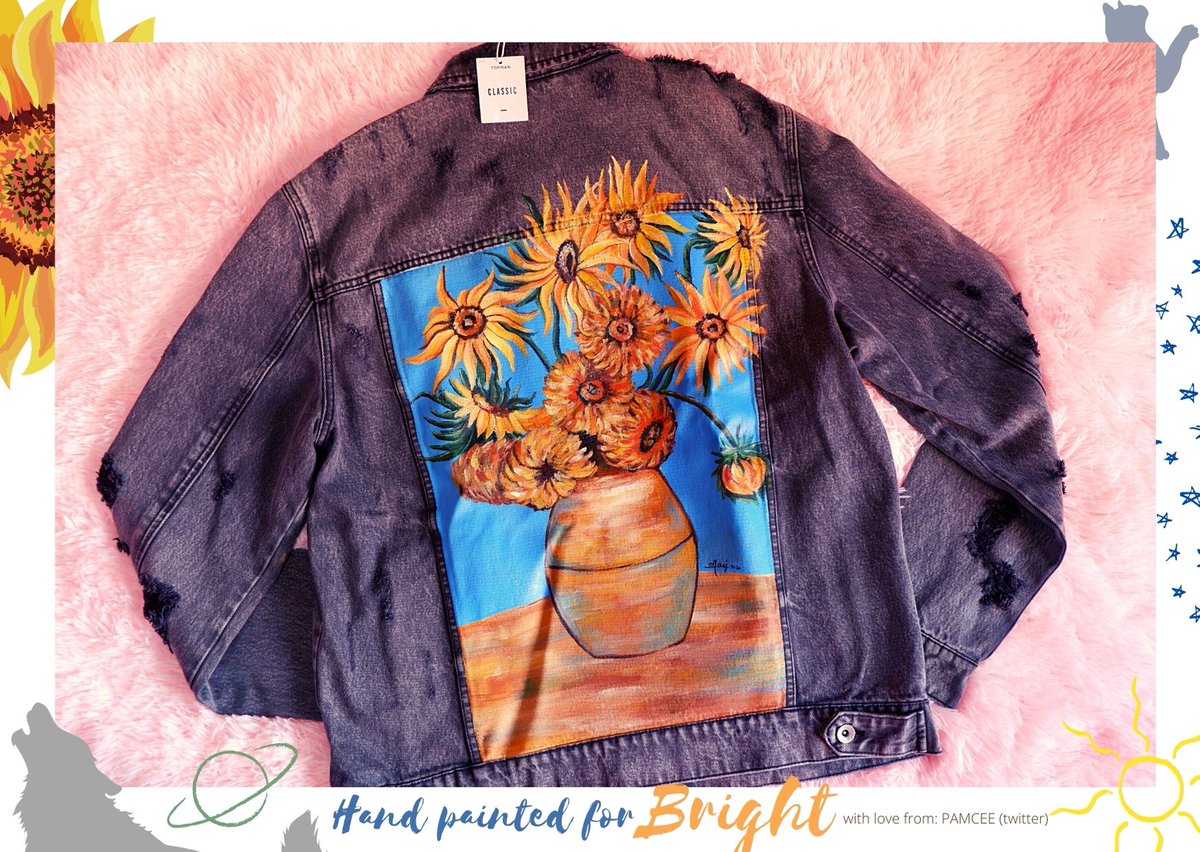 HANDPAINTED TOPMAN DENIM JACKET — Van Gogh’s Sunflower Painting If there is a flower that describes our BEST BOY, it would SUNFLOWERS These flowers are known to be “happy flowers”, making them the perfect gift to bring joy to someone, the same joy he gives to everyone 