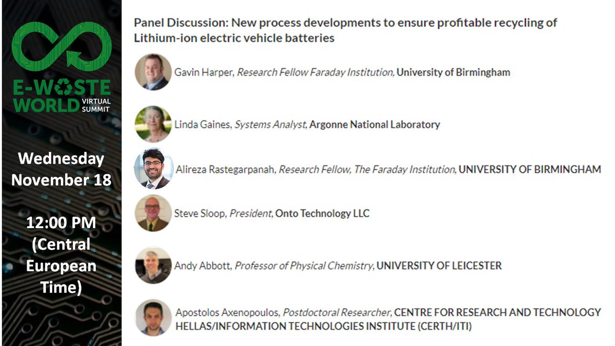 Gavin D. J. Harper (@gavindjharper) on Twitter photo Chairing the following Panel Discussion <a href="/EWasteWorld/">E-Waste World Conference & Expo</a> #EWasteWorld #VirtualSummit in half an hour (12PM Central European Time). With <a href="/argonne/">Argonne National Lab</a>'s Linda Gaines, <a href="/FaradayInst/">Faraday Institution</a> #ReLiB's Andy Abbott & Alireza Rastegarpanah, #OnToTechnology's Steve Sloop & Apostolos Axeopoulos from #ITI Chairing the following Panel Discussion <a href="/EWasteWorld/">E-Waste World Conference & Expo</a> #EWasteWorld #VirtualSummit in half an hour (12PM Central European Time). With <a href="/argonne/">Argonne National Lab</a>'s Linda Gaines, <a href="/FaradayInst/">Faraday Institution</a> #ReLiB's Andy Abbott & Alireza Rastegarpanah, #OnToTechnology's Steve Sloop & Apostolos Axeopoulos from #ITI
