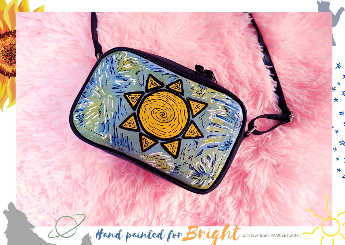 HANDPAINTED CROSSBODY BAG — Tiedye inspired with the EMOJIS that screams BRIGHT - Sun  and Wolf  I chose BRIGHT and DAY colors for the side with SUN while DIM and NIGHT colors for the side with WOLF. He can choose which side to wear depending on his mood 
