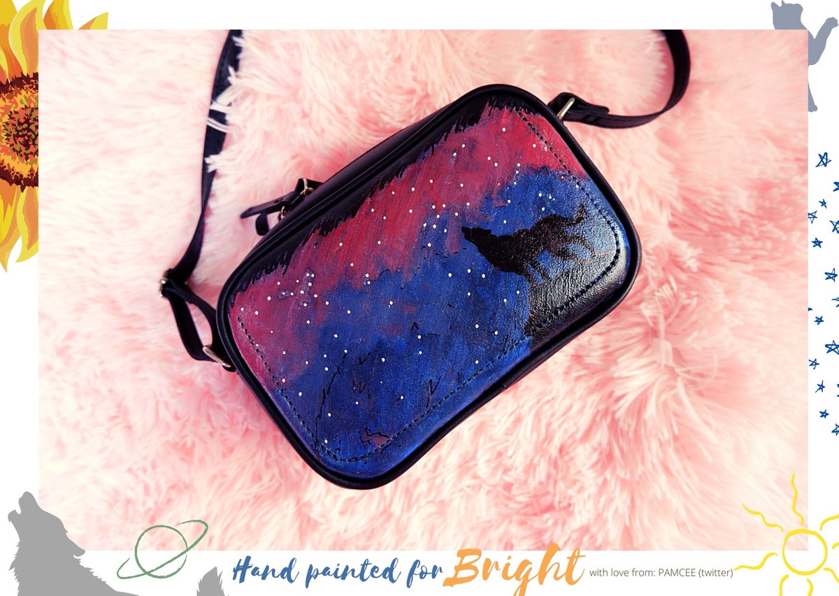 HANDPAINTED CROSSBODY BAG — Tiedye inspired with the EMOJIS that screams BRIGHT - Sun  and Wolf  I chose BRIGHT and DAY colors for the side with SUN while DIM and NIGHT colors for the side with WOLF. He can choose which side to wear depending on his mood 