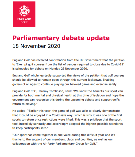A debate on the petition to exempt golf courses from the list of venues required to close due to Covid-19 will be heard in parliament on Monday 23 November.