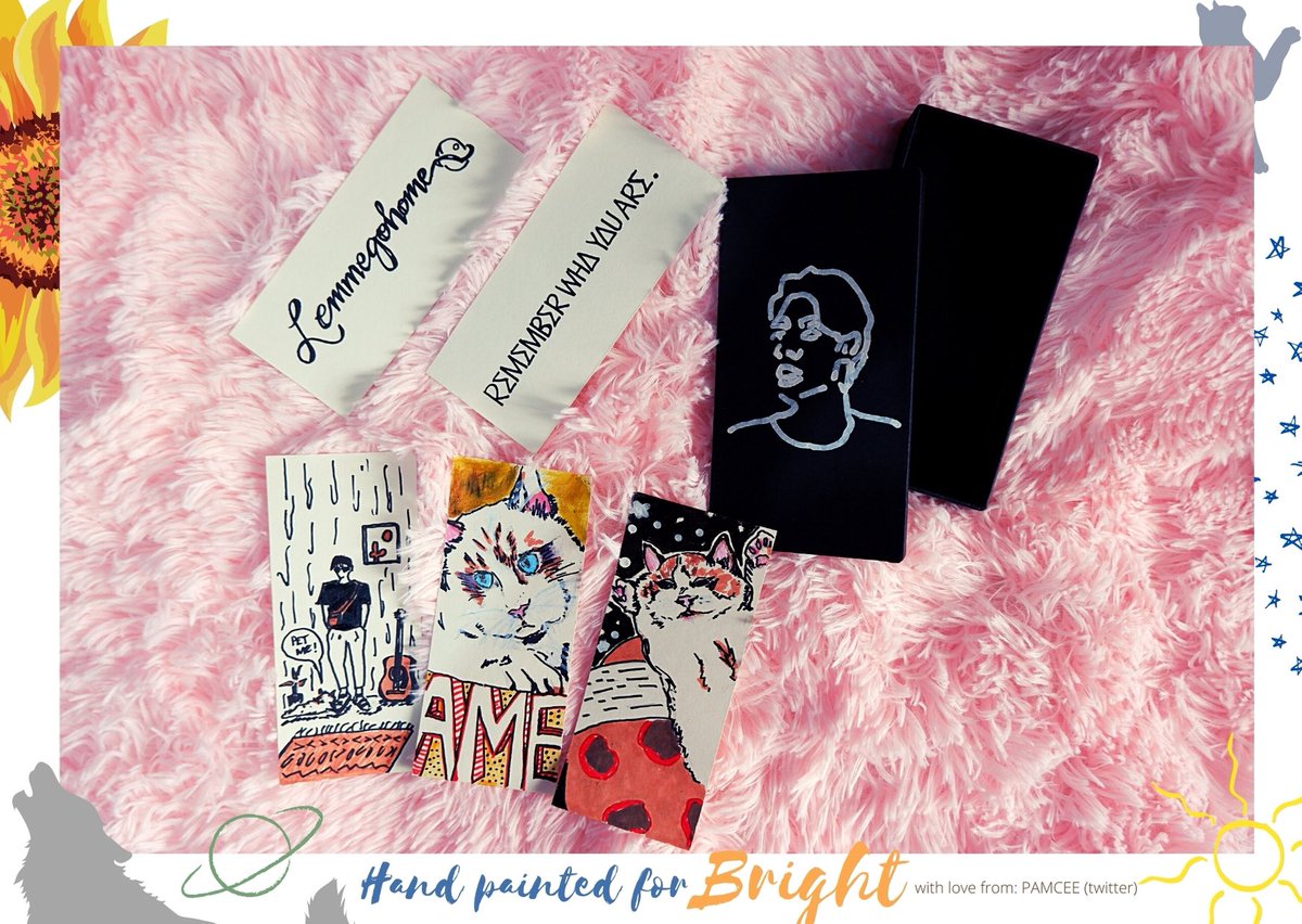 HANDPAINTED BOOKMARKS   Bookmarks for our babie bookworm, his fave catch phrase LEMME GO HOME and his tattoo — REMEMBER WHO YOU ARE. I also included AME and her signature RUB MY BELLY pose Added some Van Gogh stickers & polaroids of how everything was made for him 