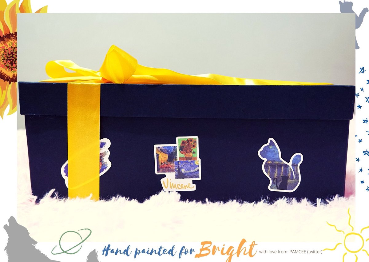 DETAILS OF BRIGHT’S 23rd GIFTS (2)  To seal everything, I added Van Gogh and outerspace stickers to his custom gift box to give him a sneak peak of what’s inside I learned how to do tiffany bow & did it on spot at the shipping office since they need to check it first
