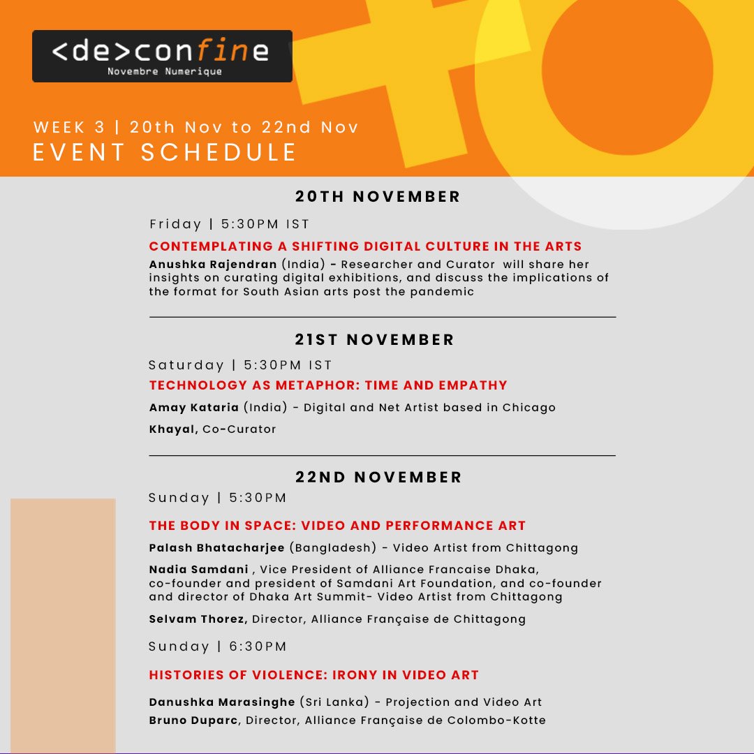 ifiofficiel's tweet photo. Week 3 of <de>confine brings to you a series of intriguing conversations on digital exhibitions, co-relations of humans and technology & much more! Join us with curators and artists from India, Bangladesh and Sri Lanka. Here is the list of events!
#NovembreNumerique #deconfine https://t.co/Ea88nE4IR8