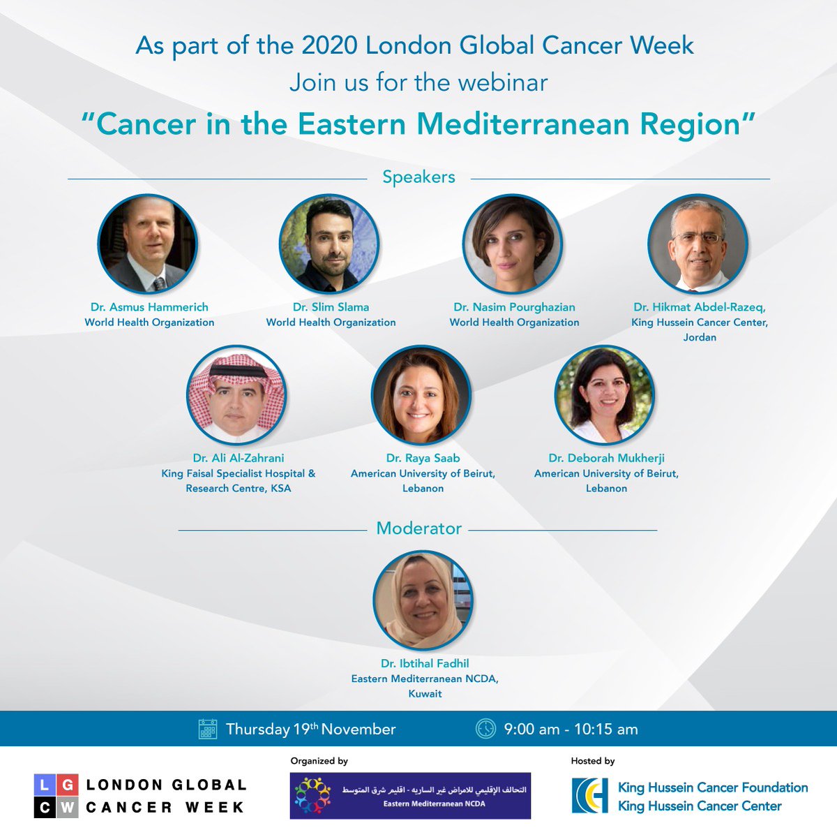 As part of London Global Cancer Week 2020, the King Hussein Cancer Center is proudly co-hosting a webinar titled “Cancer in the Eastern Mediterranean Region”, organized by @EMRANCD. To register: bit.ly/3kGEKNg #LondonGlobalCancer #LGCW2020 @LGCW2020