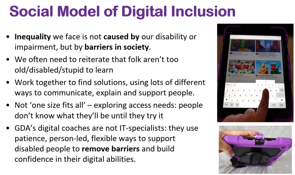 . @GDA__online's approach to digital inclusion is informed by the social model of disability: the inequality we face is not caused by our disability or impairment, but by barriers in society.