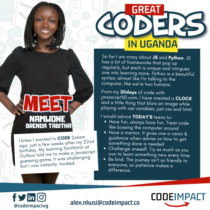 CodeImpact_ug's tweet image. &quot;Coding is not only for the guys&quot;
Meet Uganda&apos;s very own coder, NAMWONE BRENDA TABITHA. She is Humorous, Witty and with a passion to CODE.
#coding #codinginuganda #100DaysOfCode #javascript30 

Don&apos;t forget to enroll for our next COHORT 4.0 by registering forms.gle/vNJkqz5R8dDRyk…