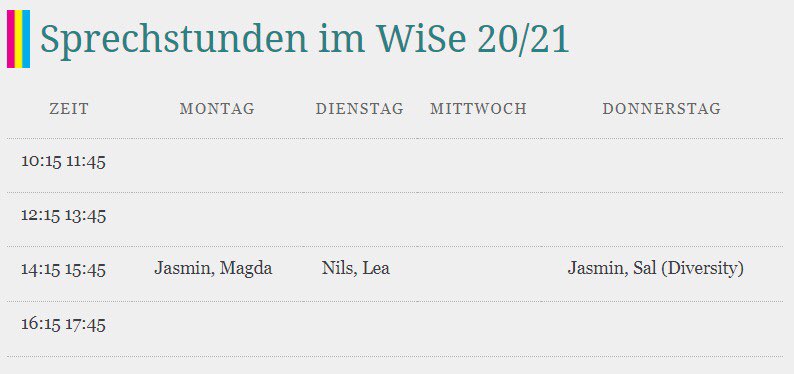 Unsere Sprechstunden im Wintersemester 20/21!
Montags und Dienstags finden die Sprechstunden auf Discord statt. 
Link zu unserem Discord-Server: discord.gg/UQVBRM3
Donnerstags findet die Sprechstunde über Zoom statt: 
lmu-munich.zoom.us/j/93970761625?…