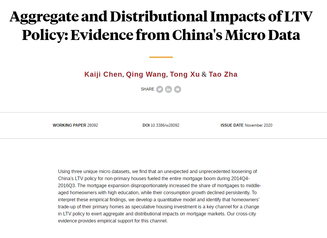 Nber The Unexpected And Unprecedented Loosening Of China S Loan To Value Policy For Mortgages On Non Primary Houses Fueled The Entire Mortgage Boom During 14q4 16q3 From Kaiji Chen Qing Wang Tong Xu And