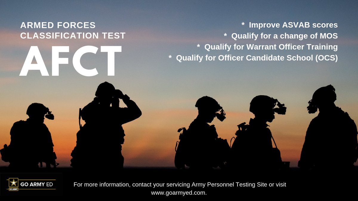 ArmyUniversity's tweet photo. Improve your Armed Forces Classification Test (AFCT)! Qualify for a new MOS, WOCS, or OCS!
#army #readiness #education #goarmyed
@USArmy @ArmyUPress @TradocDCG https://t.co/4oEvWweFWa