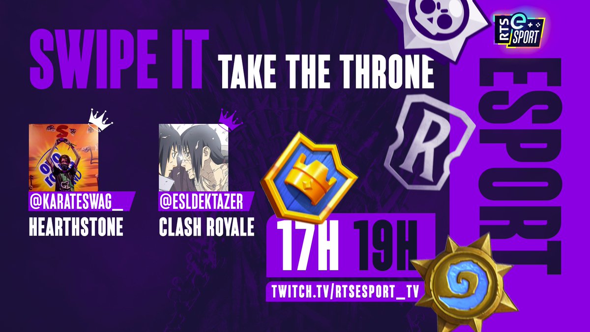 T0yBoy_'s tweet image. #TakeTheThrone c'est toute à l'heure dans #SwipeIt sur @RtsEsport !

Au programme des défis sur #ClashRoyale  et #Hearthstone !

👑 Tu veux venir prendre la place de @ESlDektazer ou @KarateSwag_ ?

🖍️ Alors viens t'inscrire ici : discord.gg/76VfjDZ

⏰ Live à 17h
