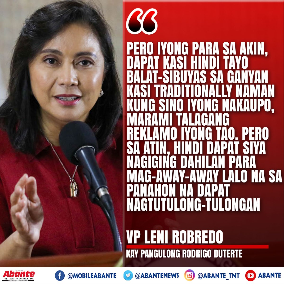 AbanteNews's tweet image. Pinayuhan ni Vice President Leni Robredo si Pangulong Rodrigo Duterte na itigil na ang pagiging balat-sibuyas matapos siyang banatan ng huli sa public address, Martes ng gabi.

BASAHIN: tnt.abante.com.ph/robredo-kay-du…

#AbanteNews #Robredo #Duterte