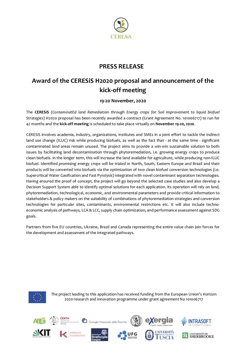 smartcats_COST's tweet photo. 📢PRESS RELEASE: Virtual 🌐kick-off meeting of #CERESiS🌱#H2020🇪🇺proposal

🗓️When? November 19-20, 2020
#phytoremediation🌳 #clean #biofuel #technology #environment 🌍 @EUClimateAction @EU_H2020  @EU_ScienceHub 
@CNRsocial_ https://t.co/ozbO7YhIKz