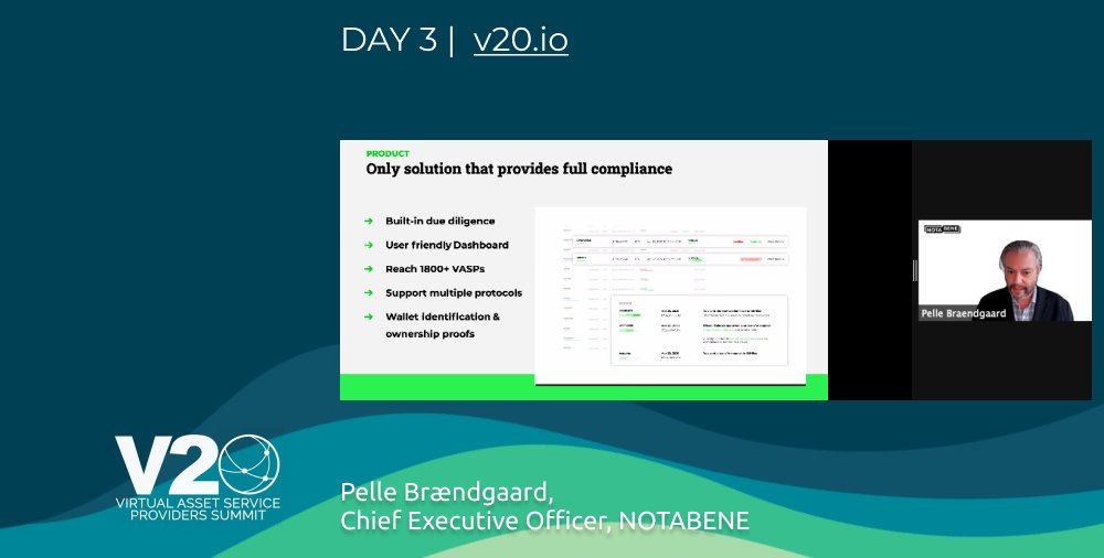 “You may need to implement a #TravelRule solution even if your regulator isn’t requiring it, just so you can continue to do business in other jurisdictions with stricter requirements.” - <a href="/PelleB/">Pelle Brændgaard</a> of Notabene.

#virtualasset20