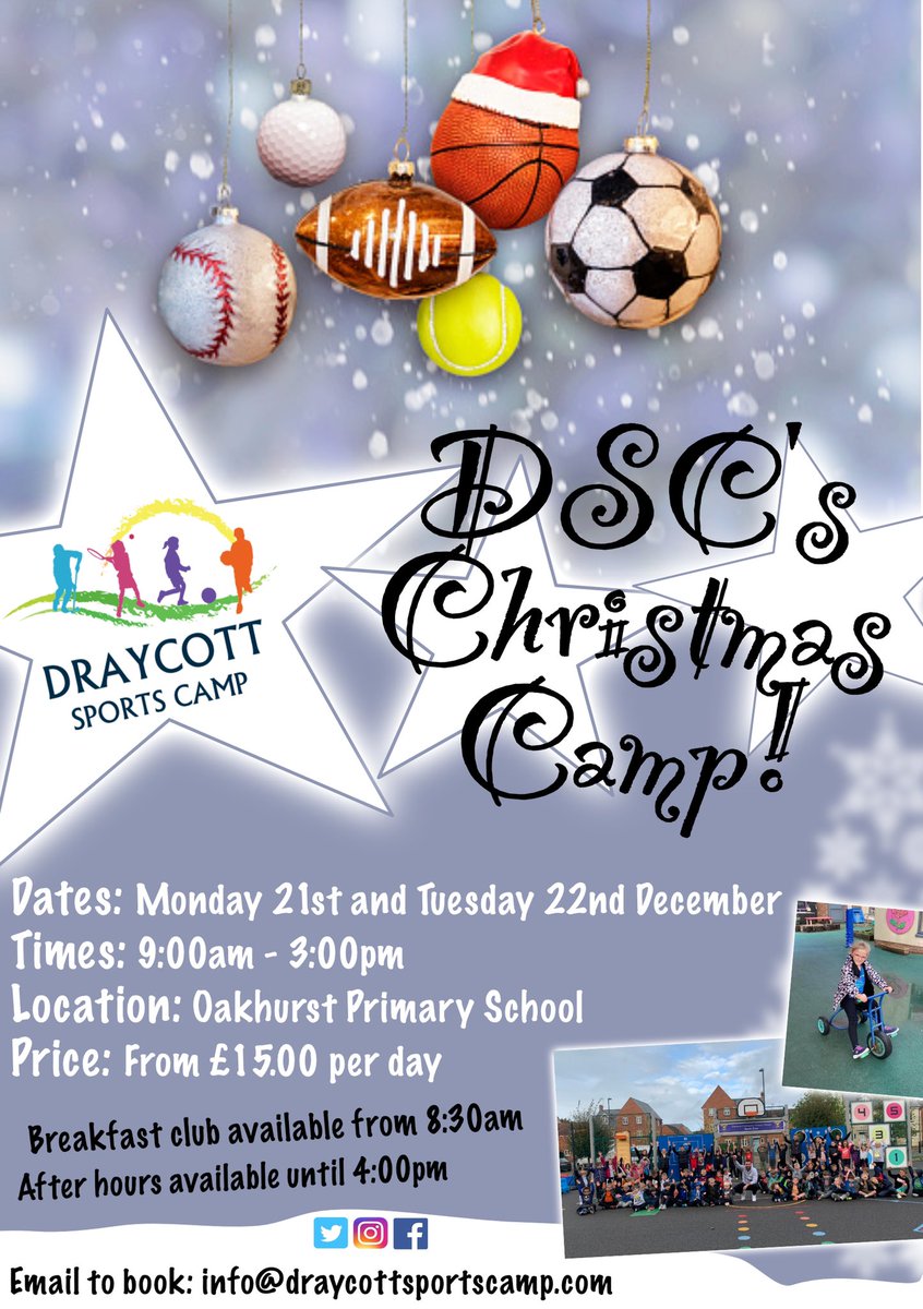 DraycottSportsC's tweet photo. 🏀Christmas Sports Camp!🎾

Email to book your child’s place.🎅🏼

*Subject to COVID-19 restrictions*

#DSC #SportsCamp #Holiday #Swindon #Christmas https://t.co/E89IT2AtiT