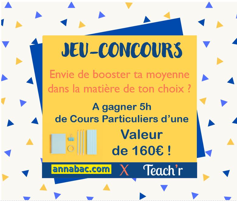 AnnabacHatier's tweet photo. 🎁 #CONCOURS
#Annabac et #Teachr, la nouvelle appli de cours particulierss’associent pour t’offrir un pack de 5h de cours dans d'une valeur de 160€ ! 😊
Participe ici : https://t.co/YMUdLs4dzT
Tirage au sort le 18 déc. ✨ #annabac #teachr #coursparticulier https://t.co/bi0MCUGE7U
