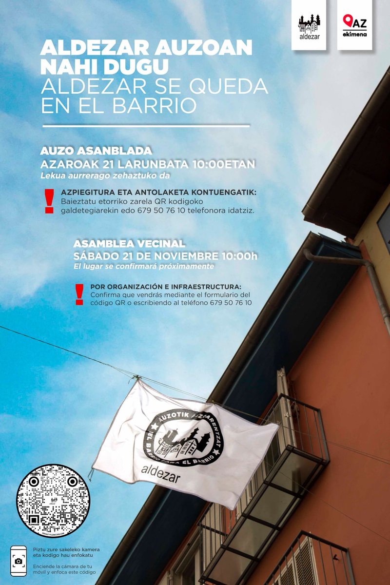 RedAZSarea's tweet photo. ALDEZAR auzoan nahi dugu
ALDEZAR se queda en el barrio

auzo asanblada-asamblea vecinal

2020-11-21, 10:00 https://t.co/uigLptELBy