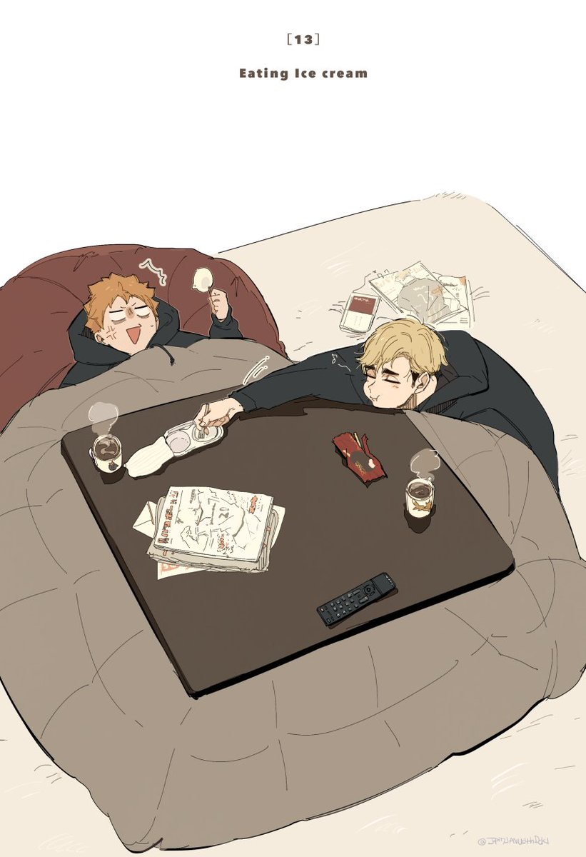 multiple boys remote control table 2boys kotatsu blonde hair male focus  illustration images