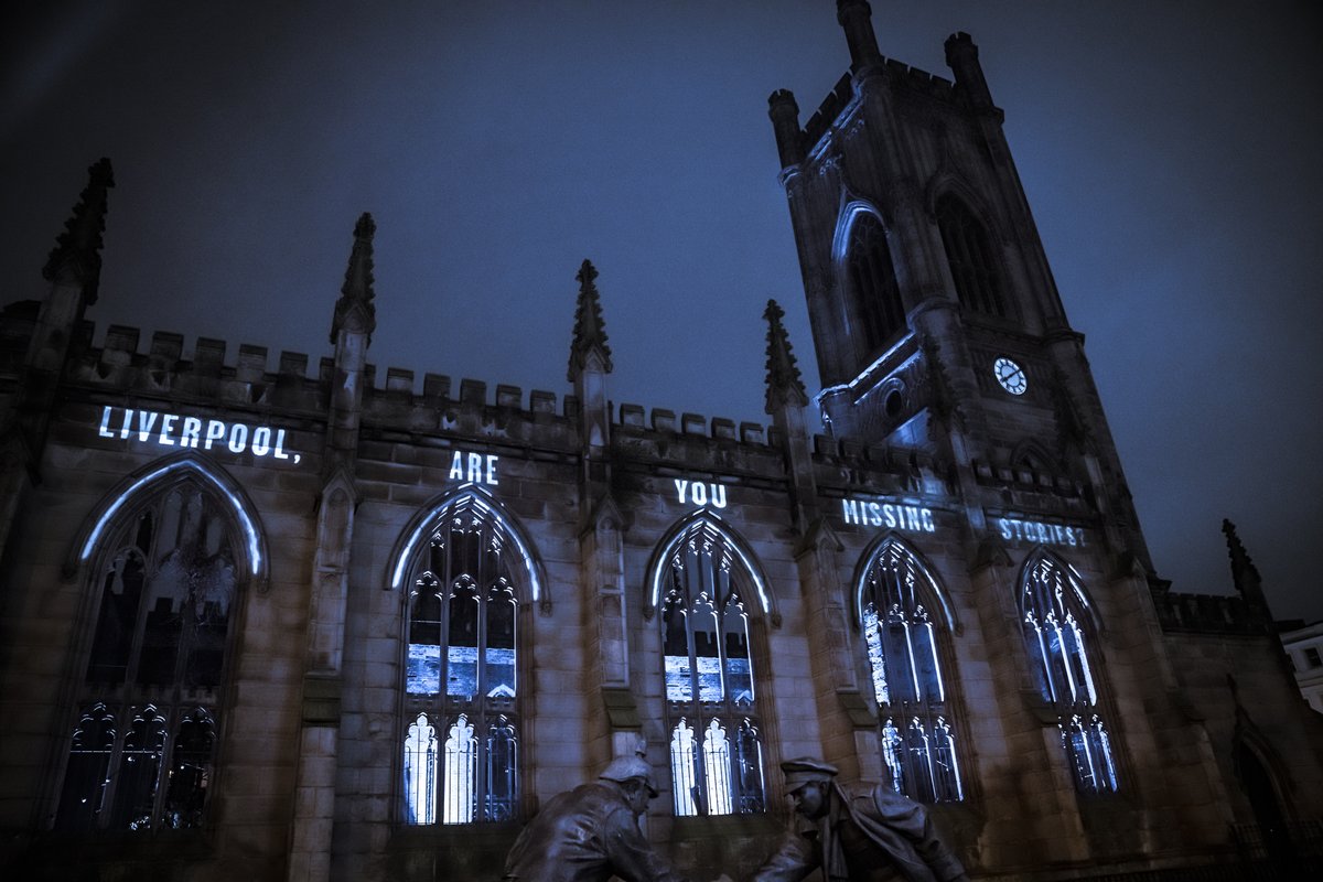 HeadlongTheatre's tweet photo. On the 5 Nov, the relics of St Luke's Bombed Out Church in Liverpool became alight with a message from the Ghost.

To speak to the Ghost, text HELLO to 07401 336814
For D/deaf audiences, text HELLO to 07723 450556
For blind/visually impaired audiences, call 07411 500135 https://t.co/NJY7gGwKLs