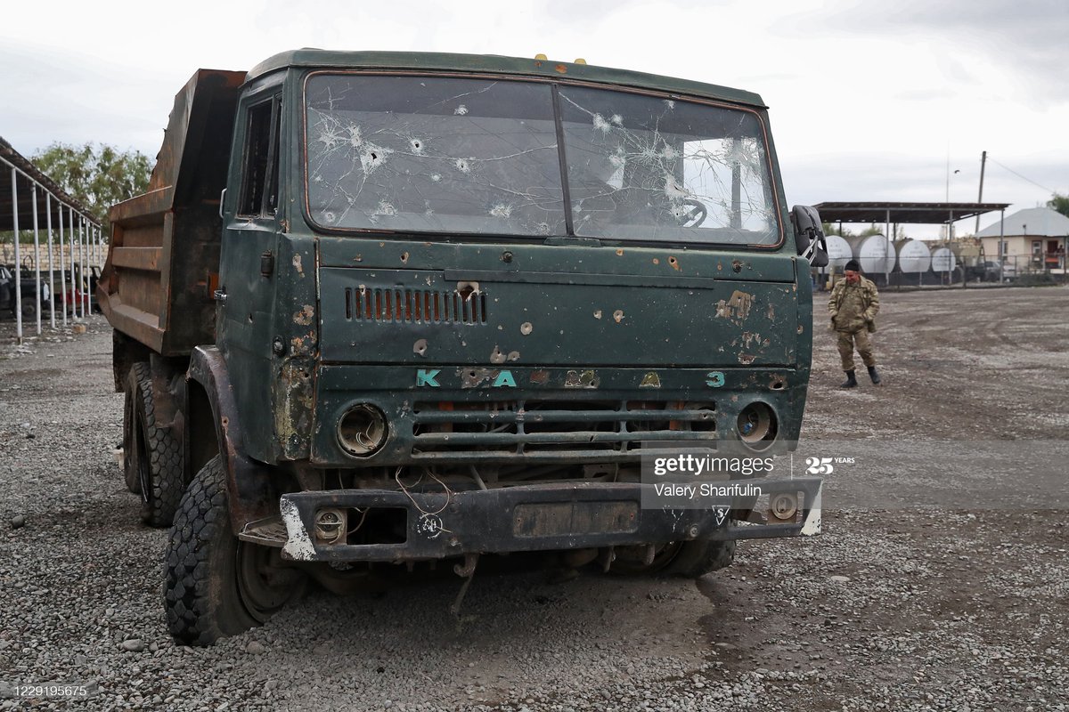 3. Getty Images - captured NKR/Armenian trucks on an Azeri base in Barda, Azerbaijan 21/10:1) ZiL-131 with Azeri colour schemed truck in background2) GAZ-3308 3+4) Damaged KamAZ-5511 dump-truck with same GAZ behind it.Other trucks in background of pics unclear if captured.